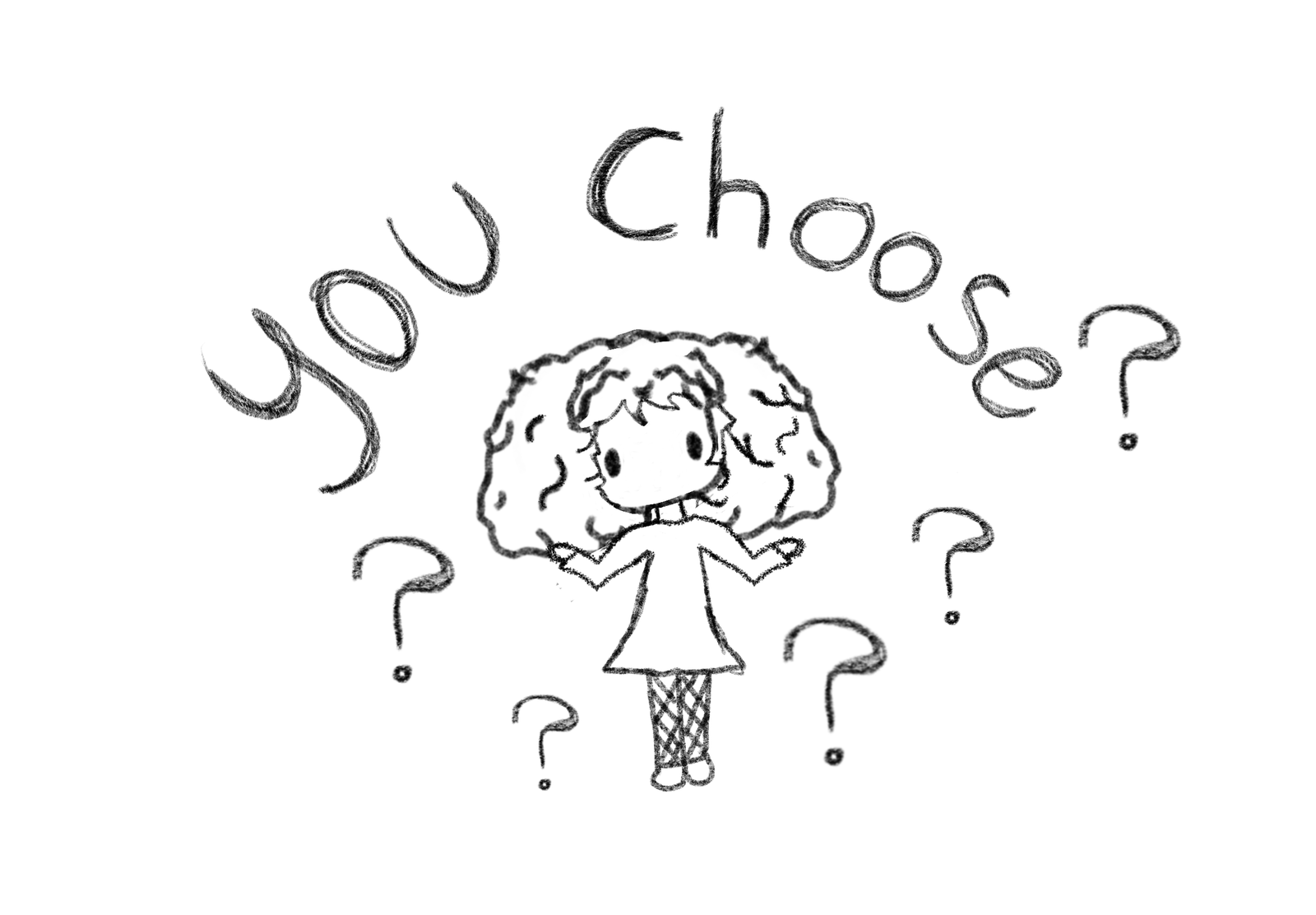 A doodle of a girl with question marks around her head.